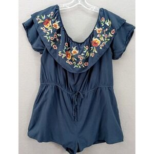 Chicsoul.com Romper Women's 1X Embroidered Peasant Top Pockets Elastic Waist Blu